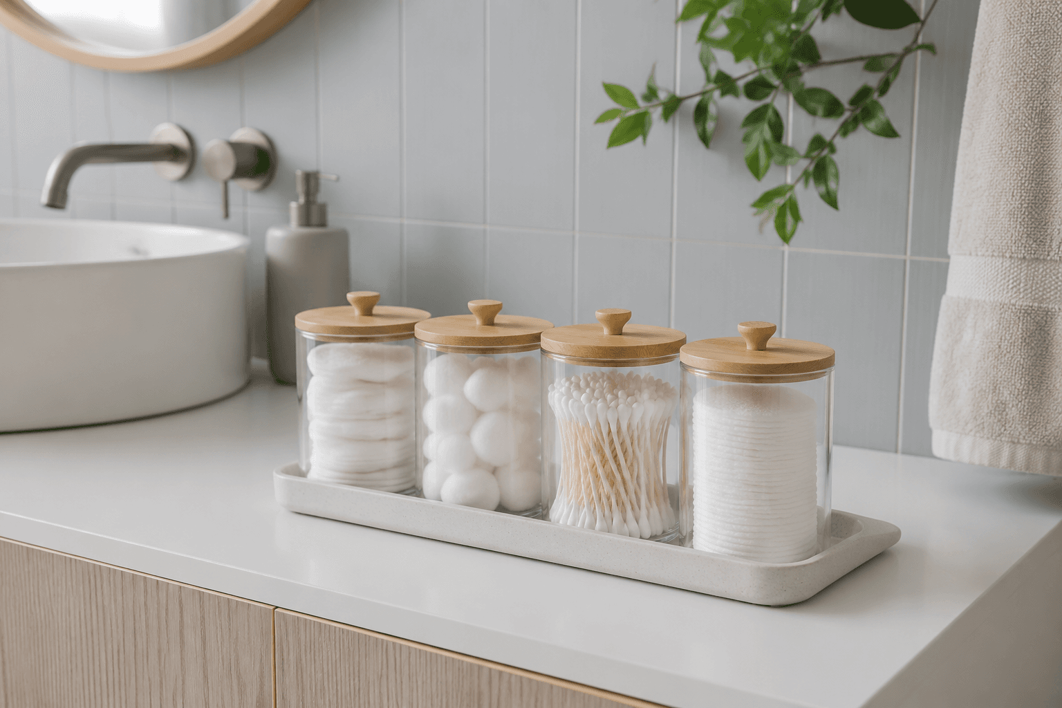 Cotton & Q-tip Jar Set (4-pc) in a styled bathroom