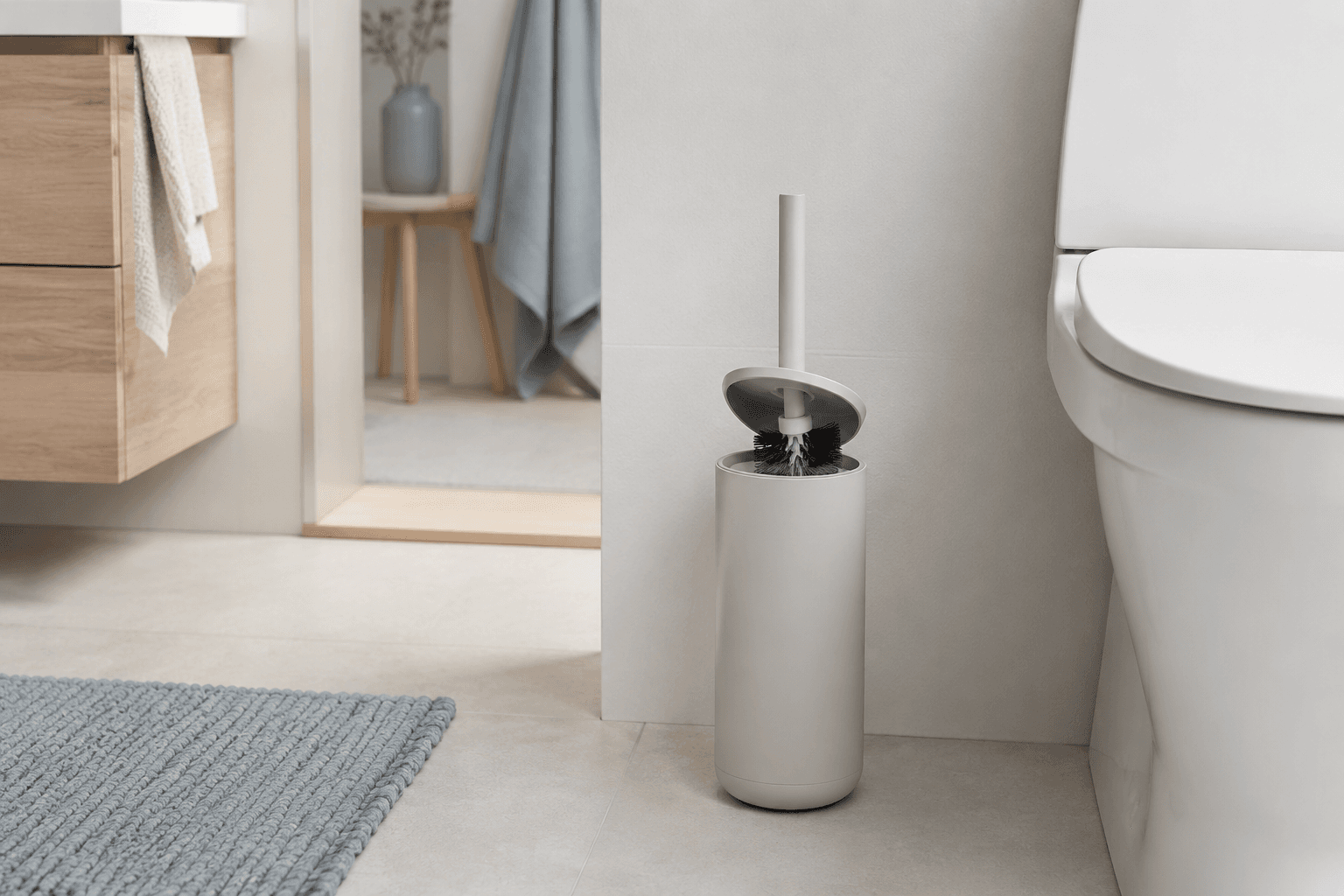 Freestanding Toilet Brush Caddy in a styled bathroom