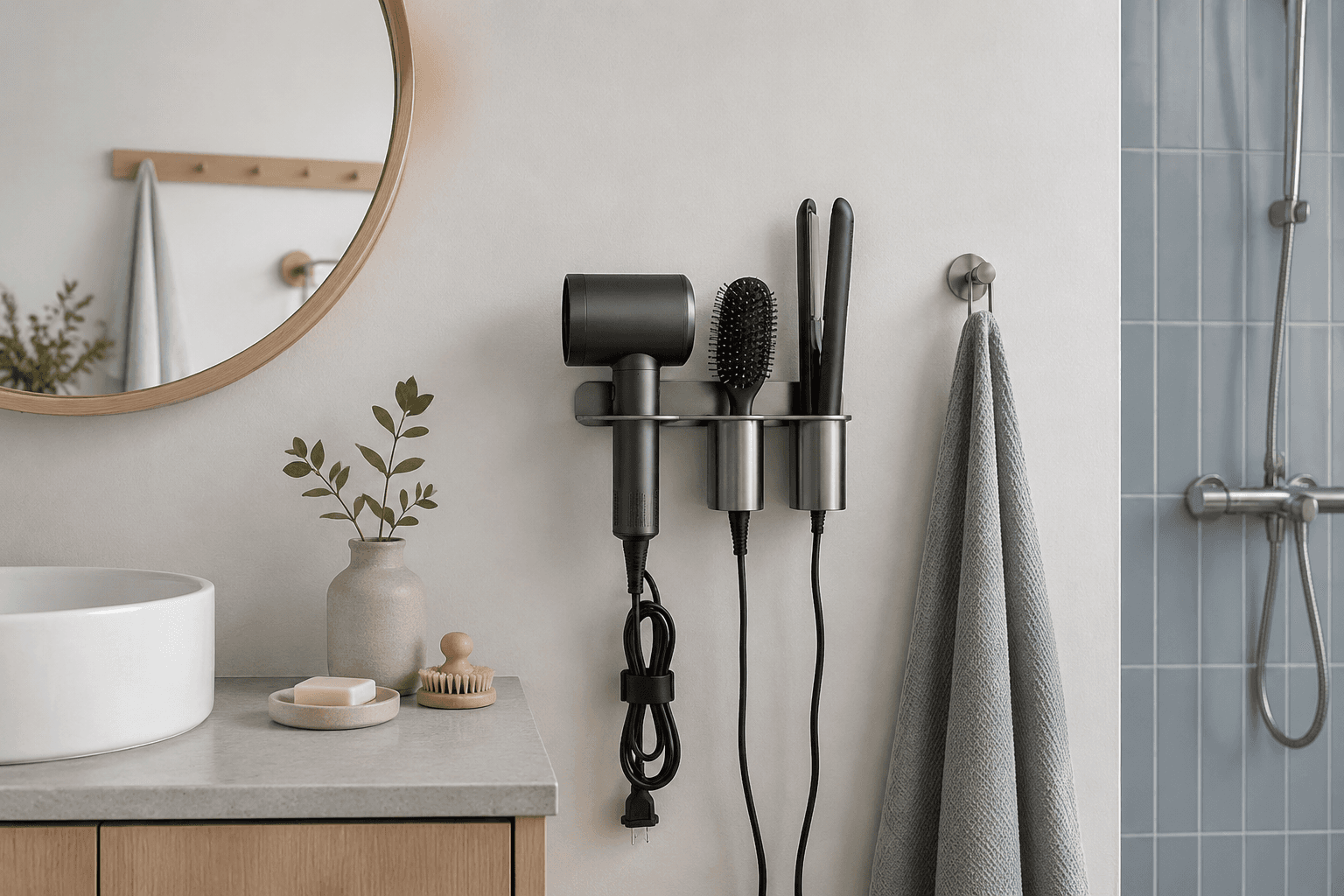 Hair Dryer & Tool Holder in a styled bathroom