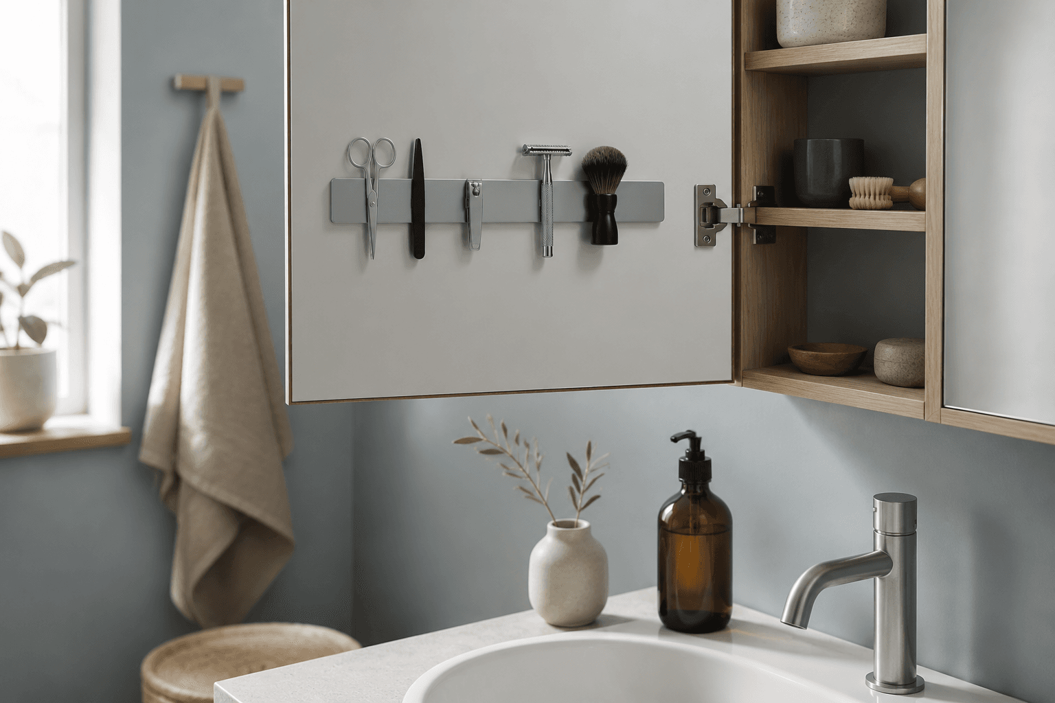 Magnetic Cabinet Door Organizer in a styled bathroom