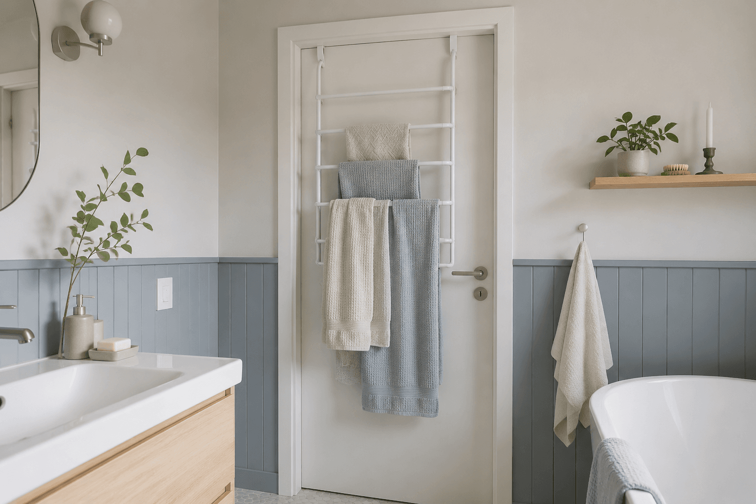 Over-Door Towel Rack in a styled bathroom