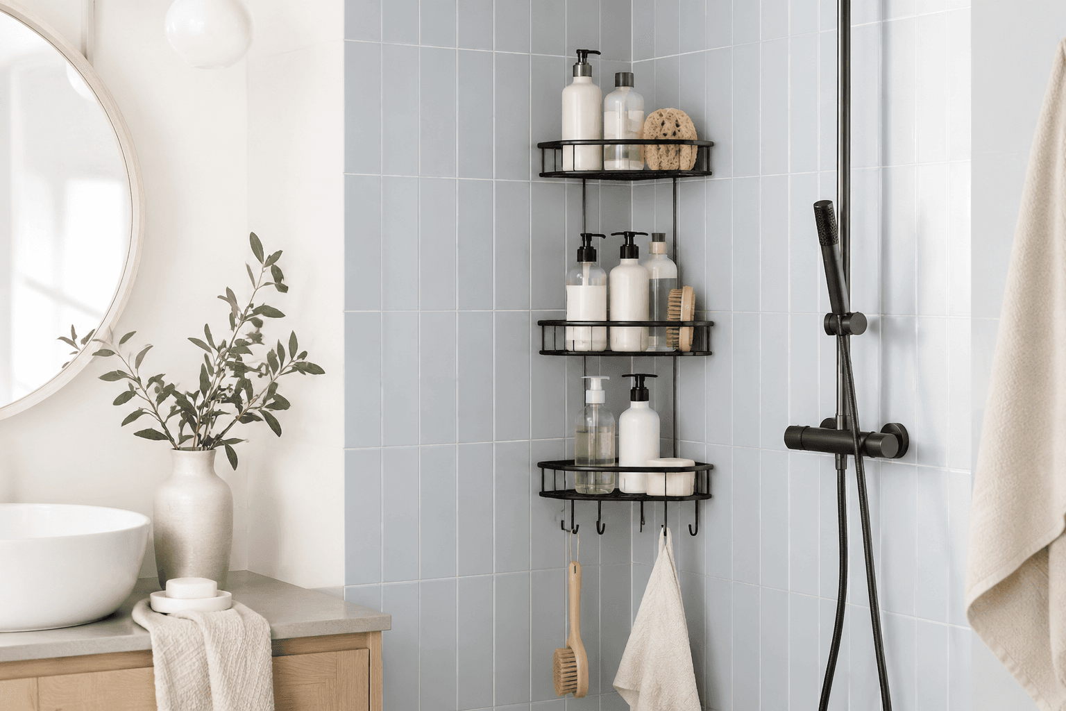 Rustproof Corner Shower Caddy in a styled bathroom