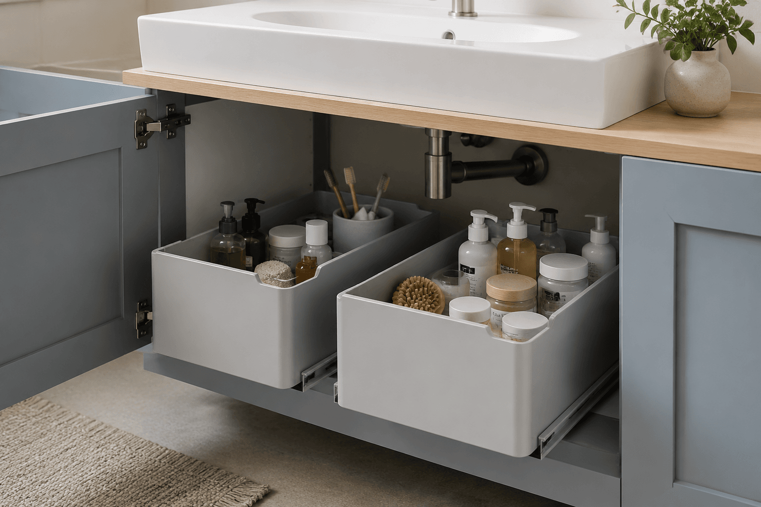 Under-Sink Sliding Drawer (2-pack) in a styled bathroom