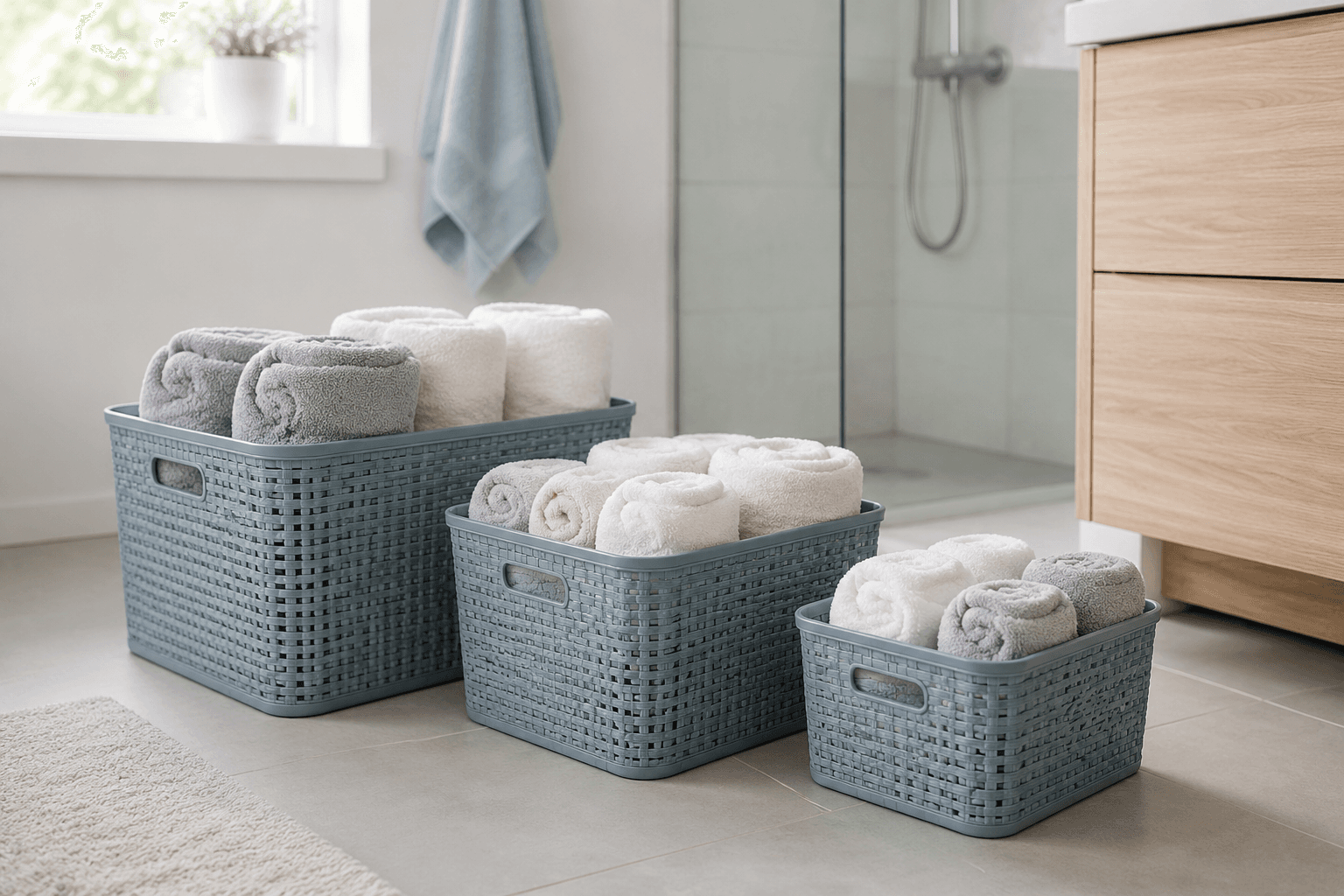 Waterproof Storage Basket Trio — In the bathroom